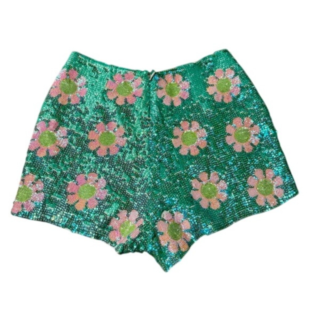 Wildfox High Waist Sequin Floral Shorts - Green and Pink - Picture 3 of 3